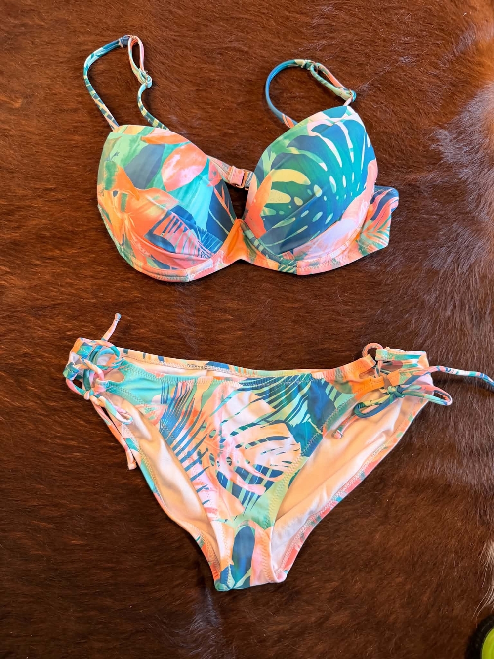 Raisins Tropical Leaf Print Push-Up Bikini in Teal, Coral & Pink
